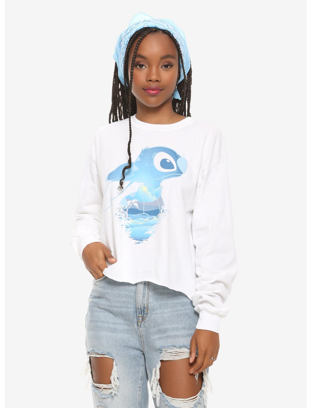 Disney Lilo & Stitch Beach Silhouette Girls Long-Sleeve Crop T-Shirt, BLUE, hi-res