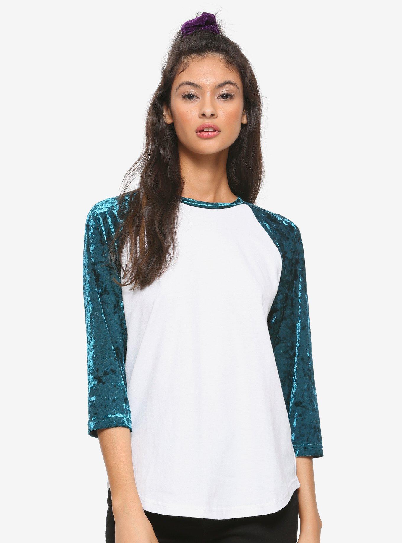 Teal Velvet Sleeve Girls Raglan, TEAL, hi-res