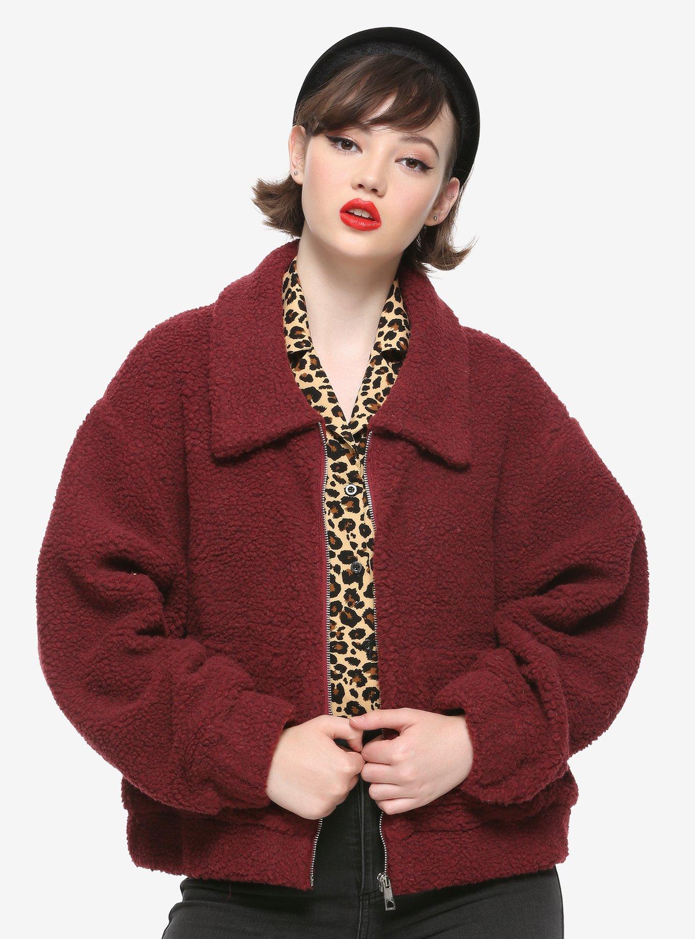 Burgundy Sherpa Girls Jacket, BURGUNDY, hi-res