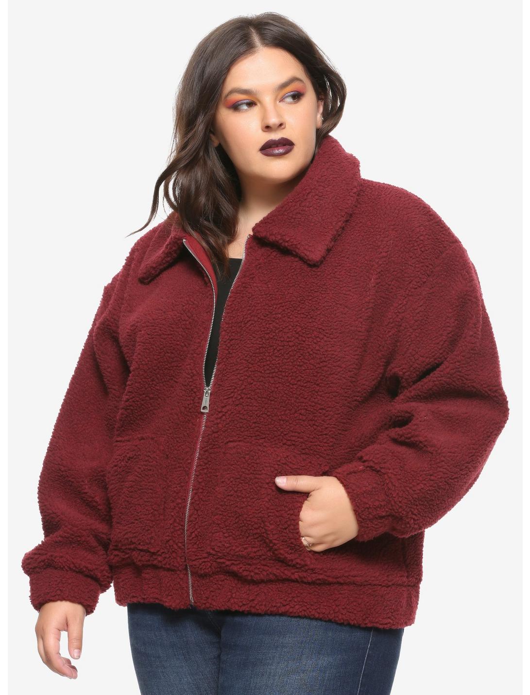 Burgundy Sherpa Girls Jacket Plus Size, BURGUNDY, hi-res
