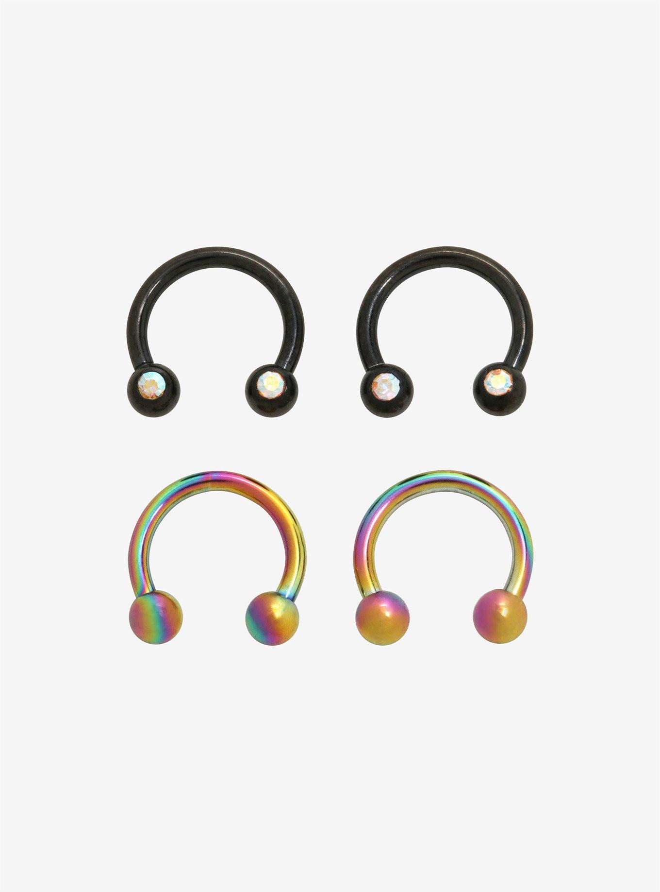Steel Rainbow & Black With Gems Curved Barbell 4 Pack, MULTI, hi-res