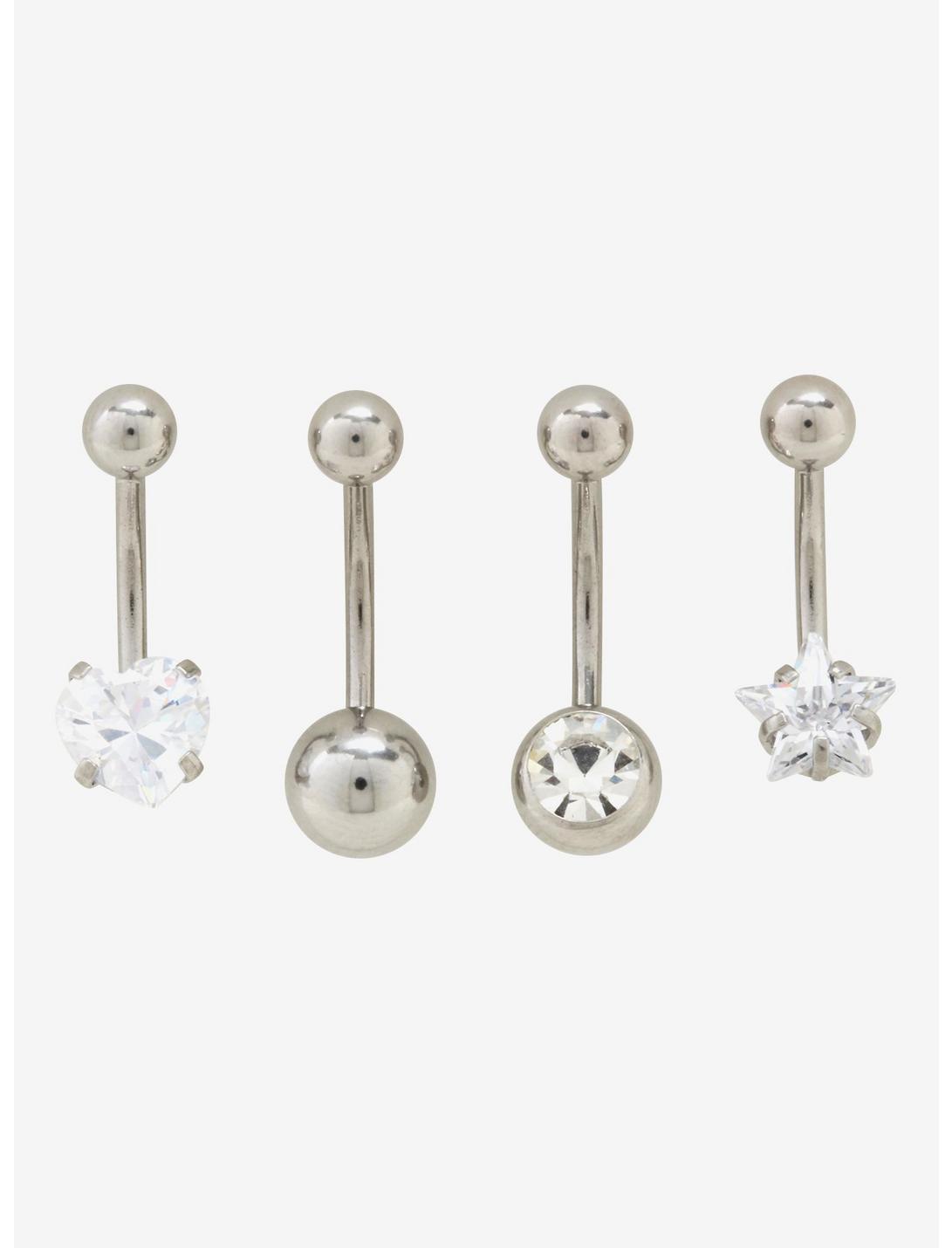 14G Steel Silver CZ Star Heart Navel Barbell 4 Pack, , hi-res