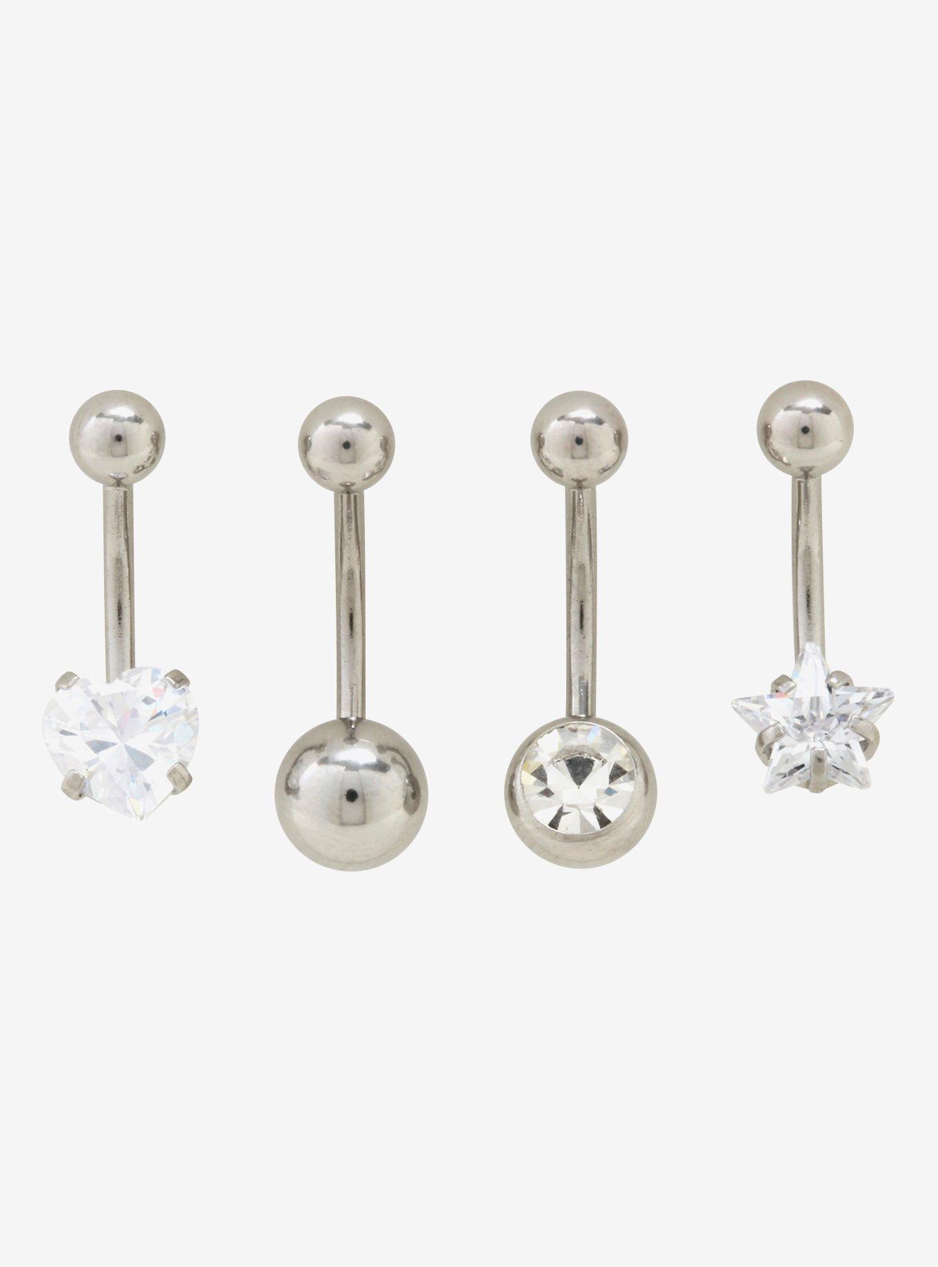 14G Steel Silver CZ Star Heart Navel Barbell 4 Pack, , hi-res