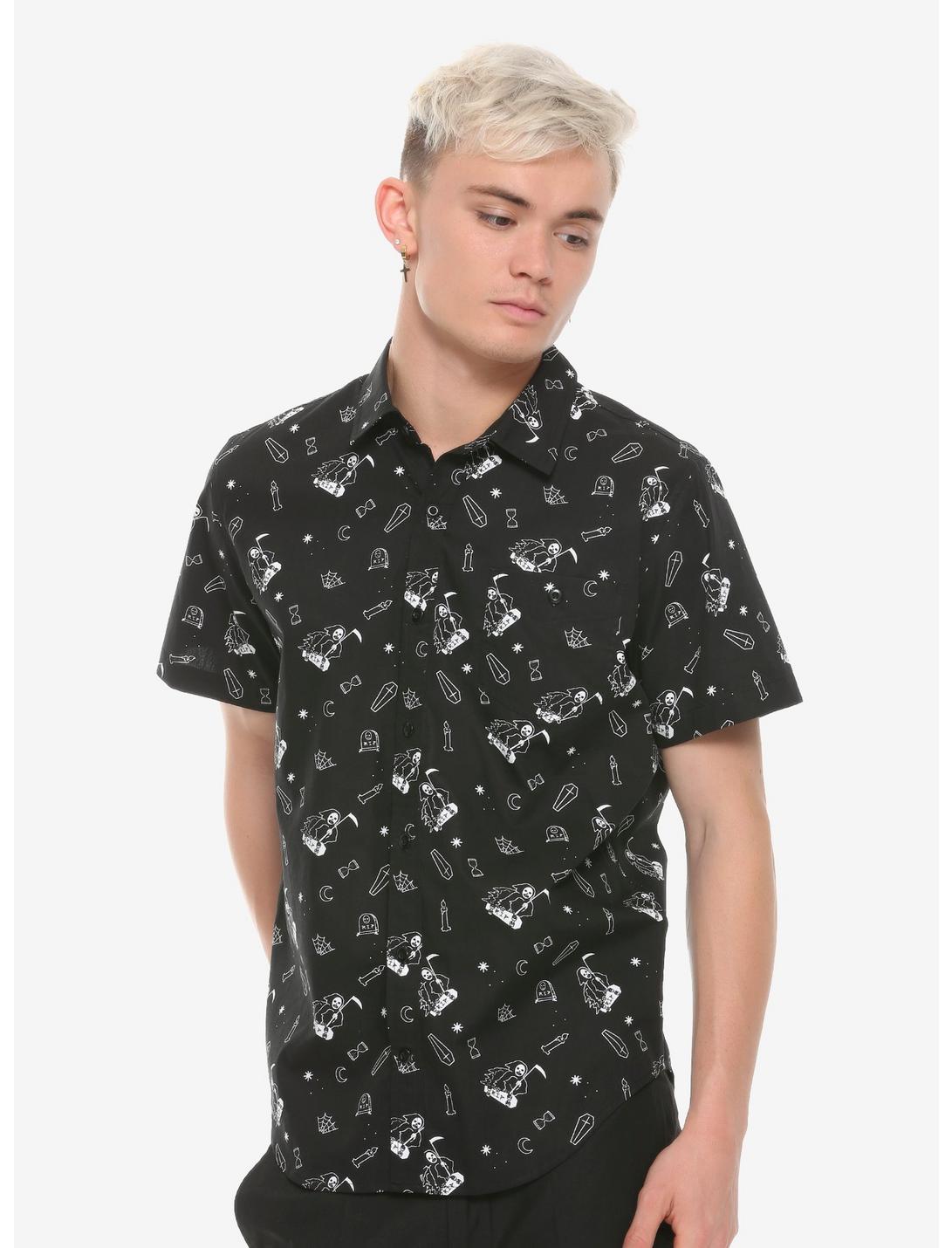 Grim Reaper Skater Woven Button-Up Hot Topic Exclusive, BLACK, hi-res