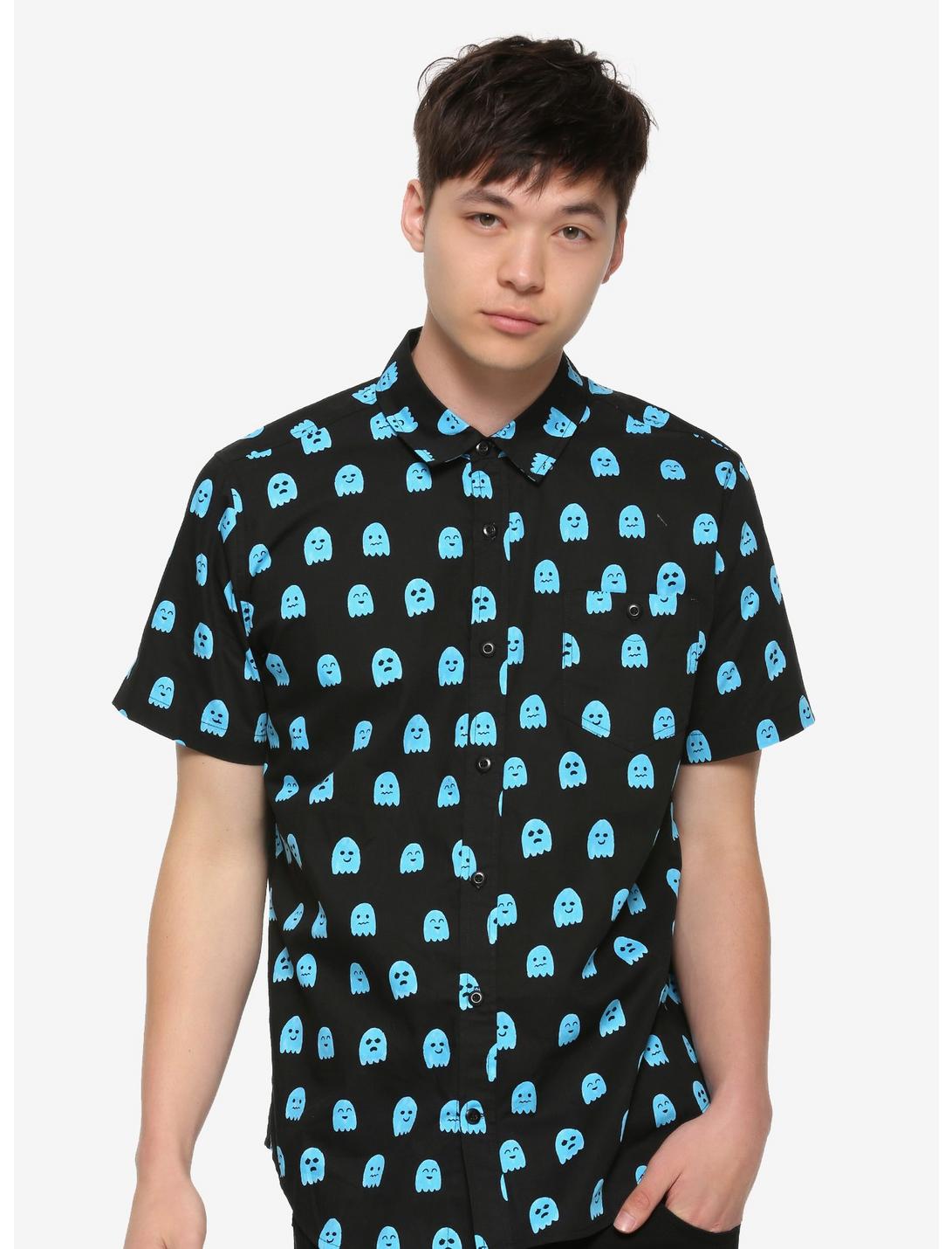Blue Ghost Woven Button-Up Hot Topic Exclusive, BLACK, hi-res