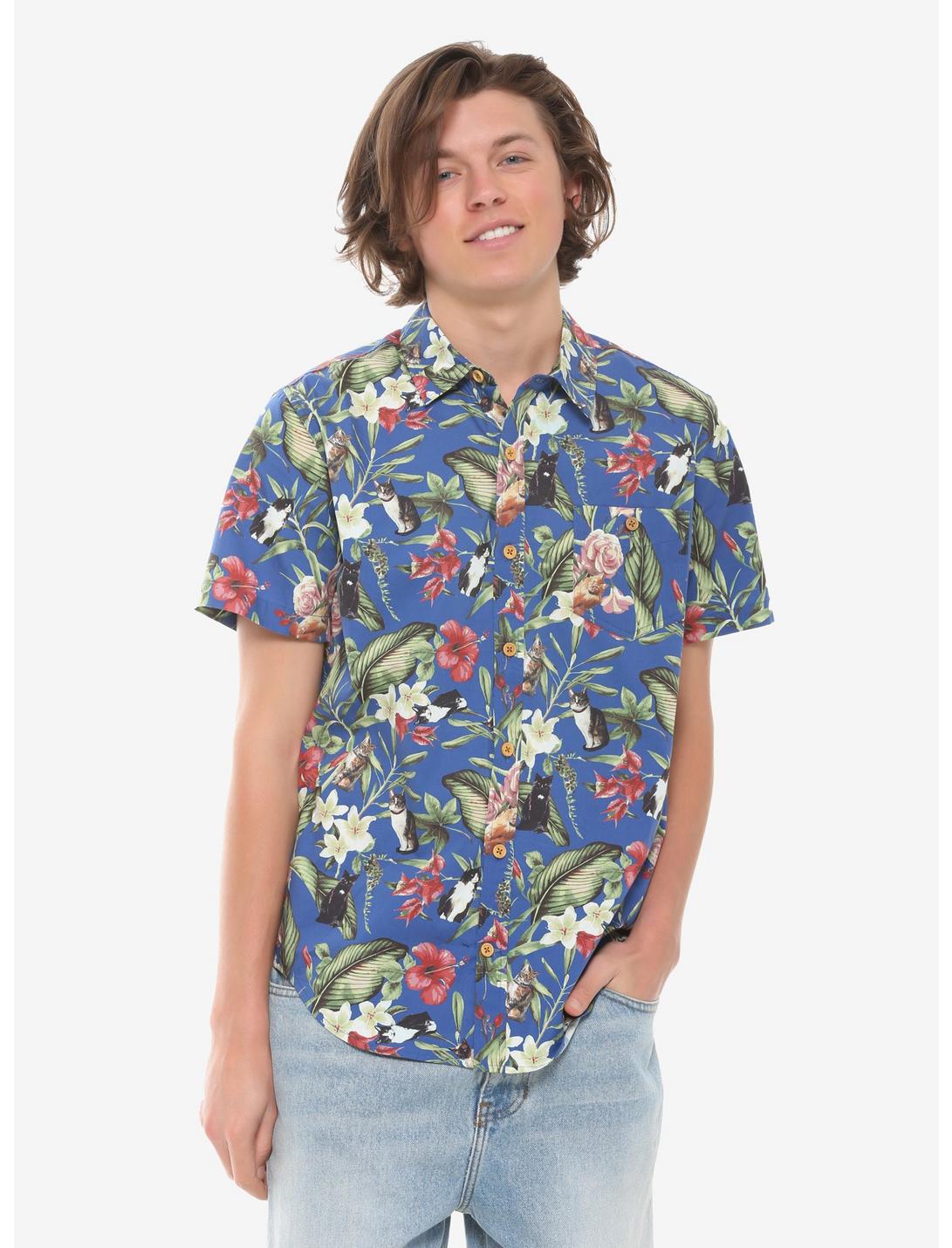 Florals & Cats Woven Button-Up Hot Topic Exclusive, NAVY, hi-res