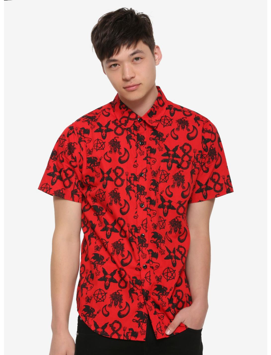 Red Devil Woven Button-Up Hot Topic Exclusive, RED, hi-res