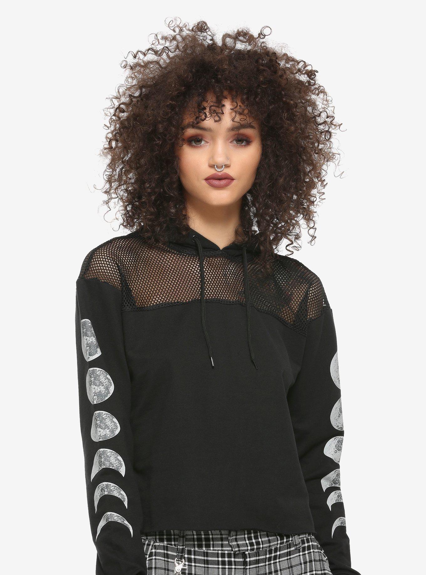 Moon Phases & Mesh Girls Crop Hoodie, BLACK, hi-res