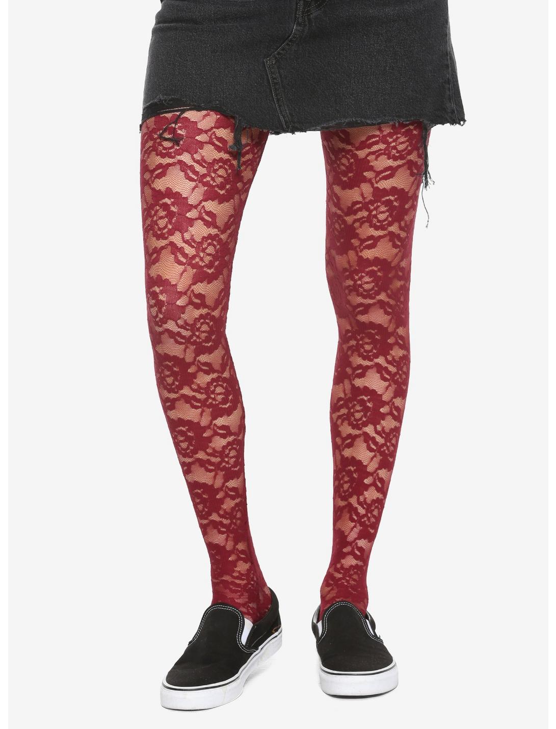 Maroon Lace Roses Tights, MULTI, hi-res