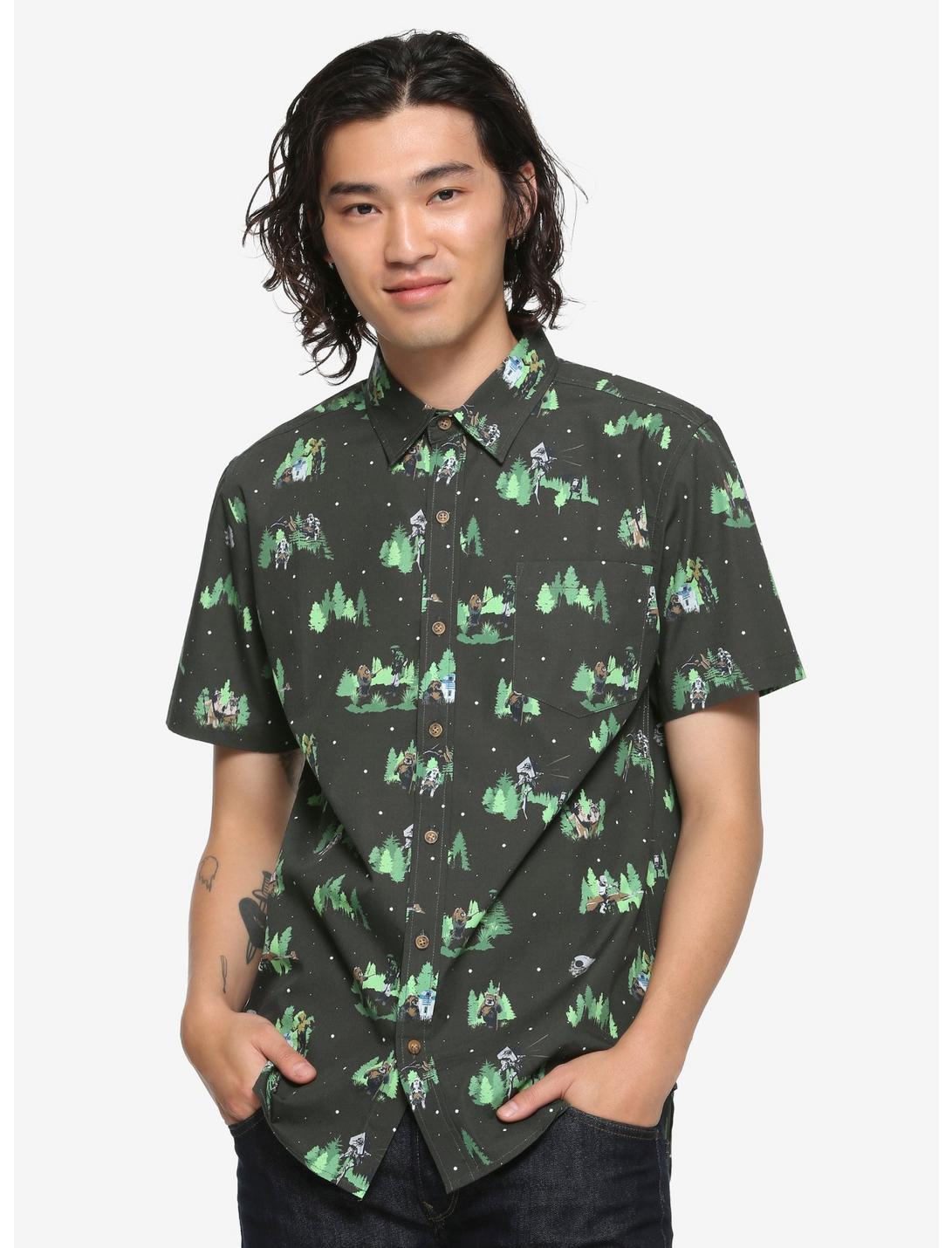 Our Universe Star Wars Endor Allover Print Woven Button-Up - BoxLunch Exclusive, GREEN, hi-res