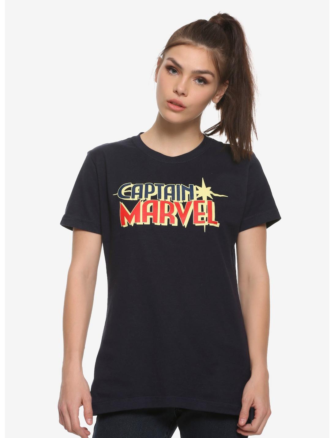 Marvel Captain Marvel Emblem Womens T-Shirt - BoxLunch Exclusive, NAVY, hi-res