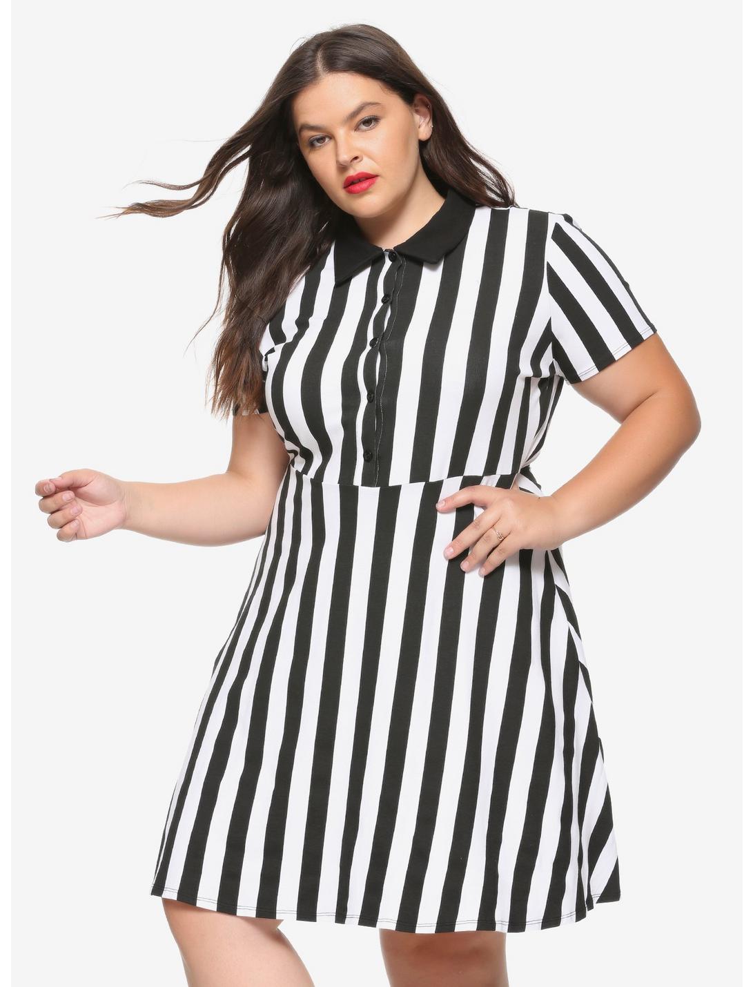 Black & White Striped Collared Dress Plus Size, BLUE-WHITE STRIPE, hi-res