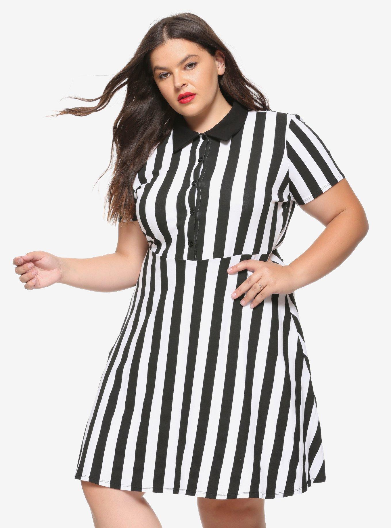 Black & White Striped Collared Dress Plus Size, BLUE-WHITE STRIPE, hi-res