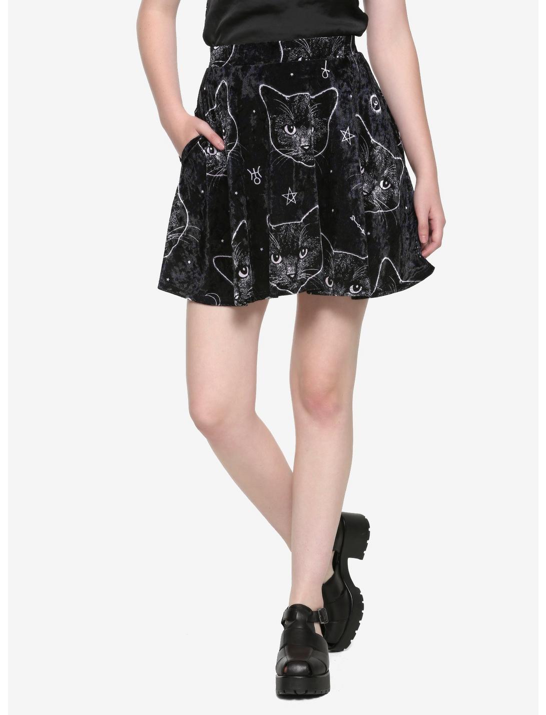 Black Cat Velvet Skater Skirt, MULTI, hi-res