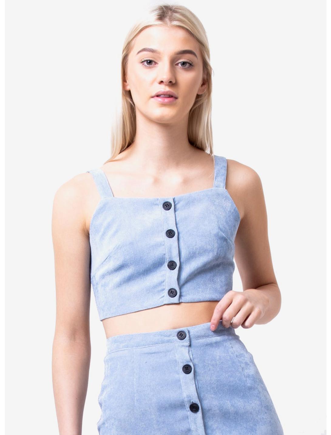 Daisy Street Blue Corduroy Girls Crop Button-Up Tank Top, BLUE, hi-res