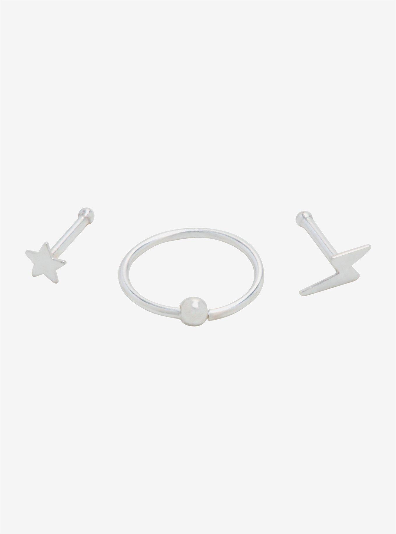 Sterling Silver Star Lightning Bolt Nose Stud & Hoop 3 Pack, SILVER, hi-res