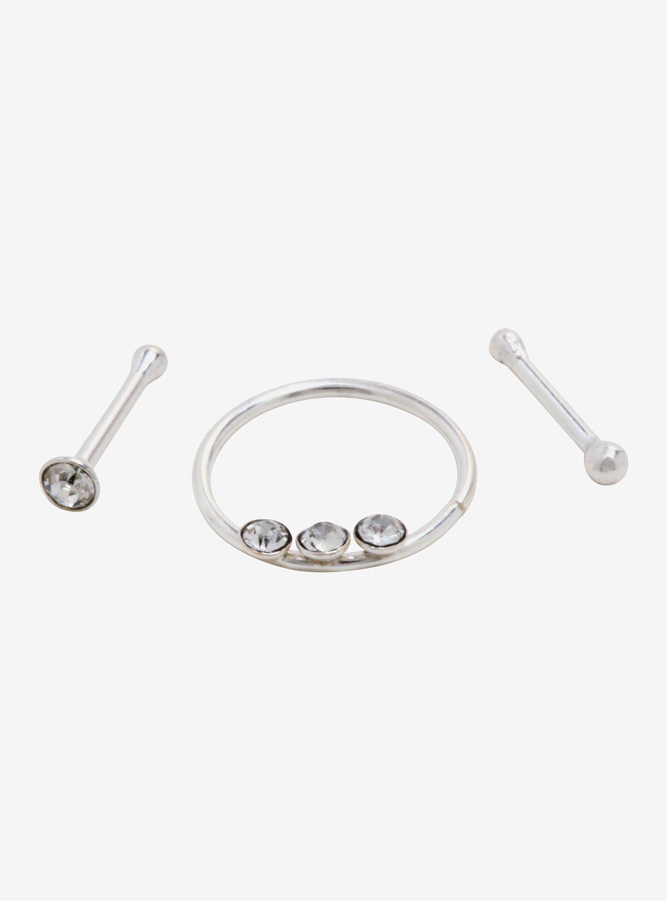 Sterling Silver Nose Stud & Hoop 3 Pack, SILVER, hi-res