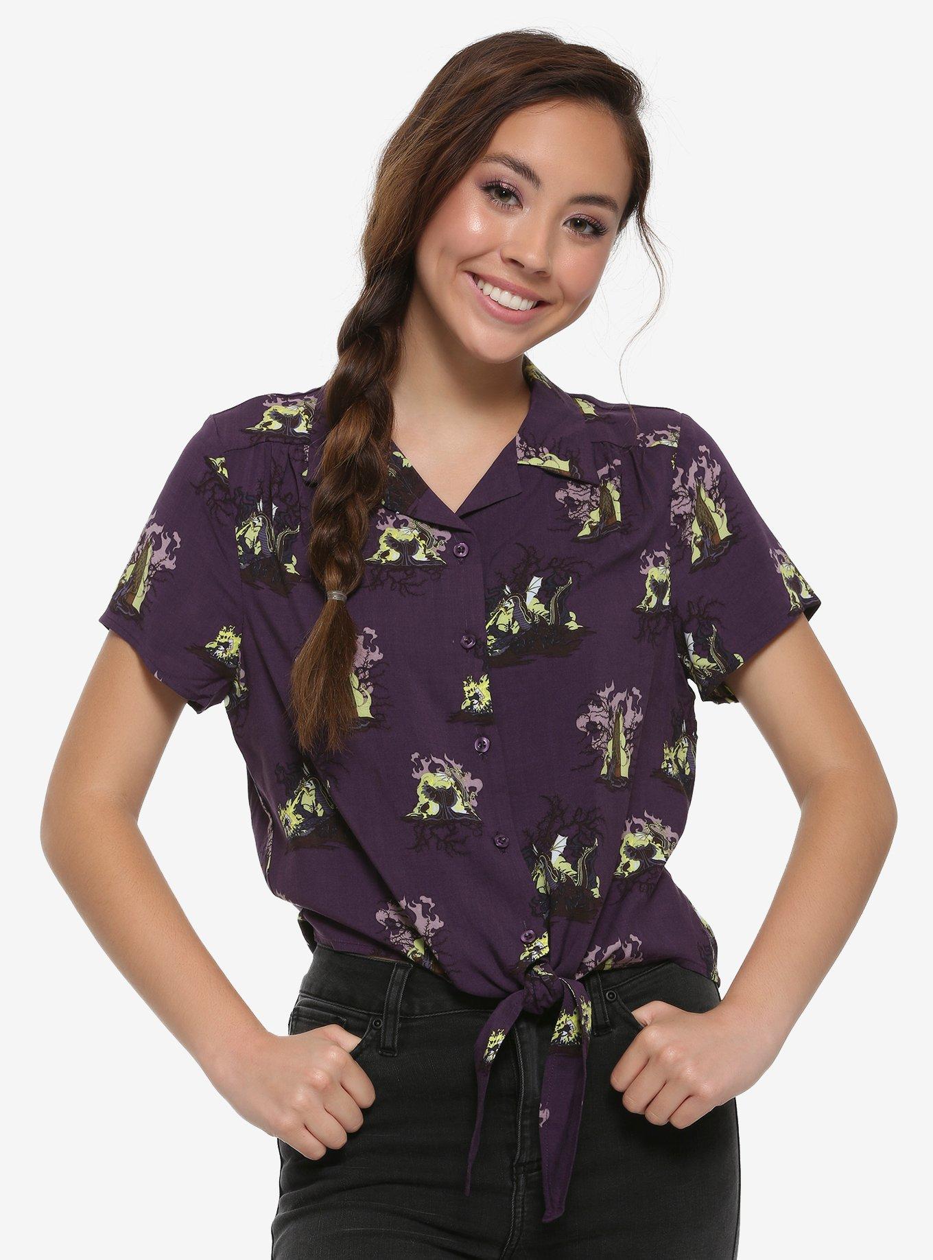 Our Universe Disney Sleeping Beauty Maleficent Tie-Front Woven Button-Up, MULTI, hi-res