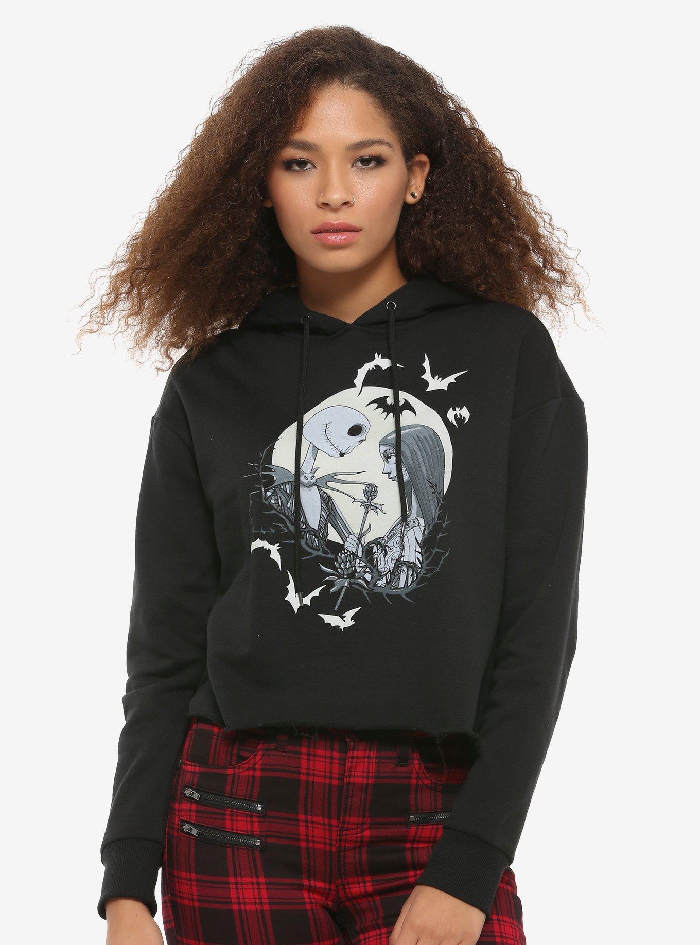 The Nightmare Before Christmas Jack & Sally Glow-In-The-Dark Girls Crop Hoodie, WHITE, hi-res