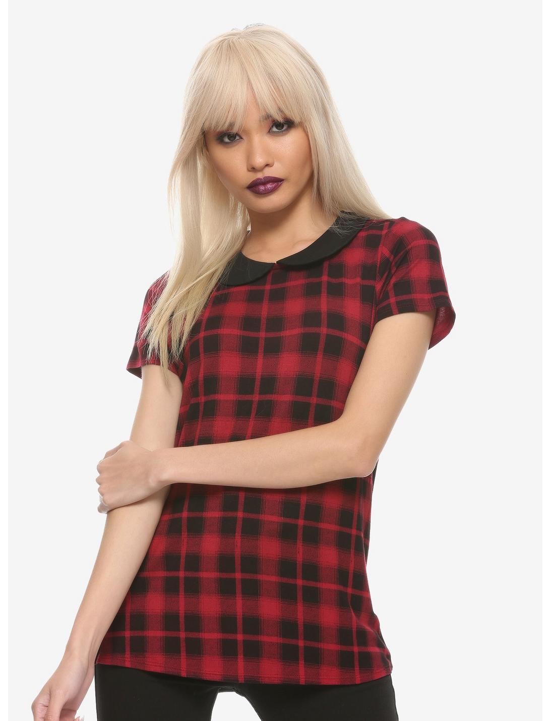 Red Plaid Collared Girls T-Shirt, PLAID - RED, hi-res