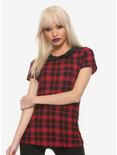 Red Plaid Collared Girls T-Shirt, PLAID - RED, hi-res