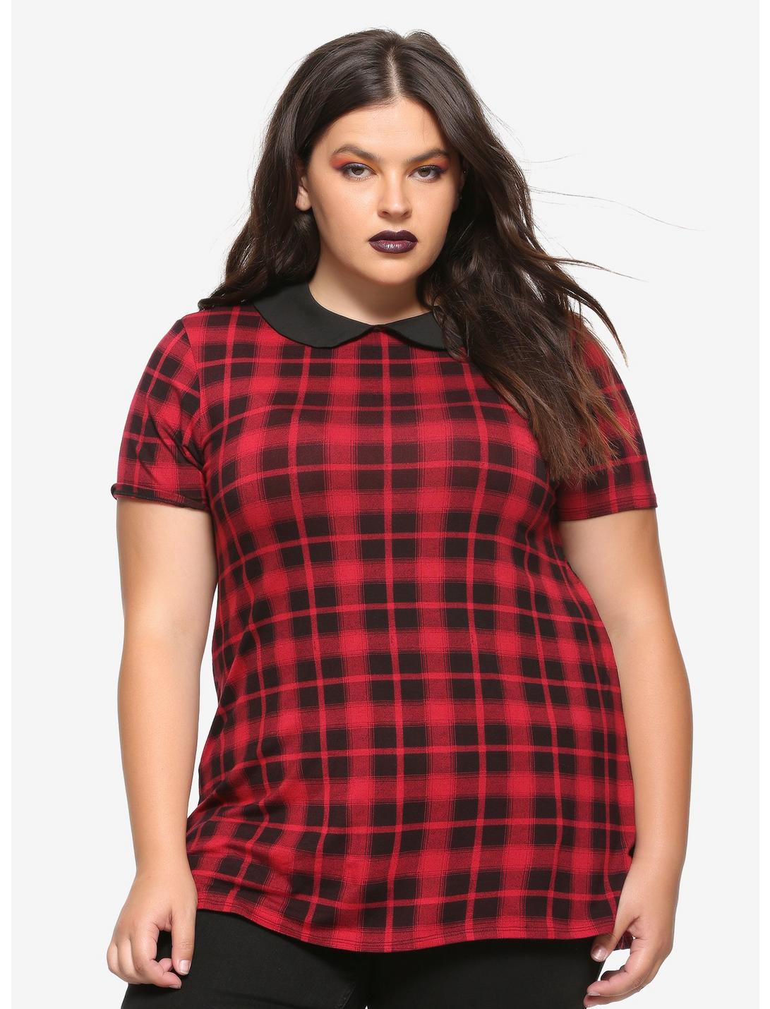 Red Plaid Collared Girls T-Shirt Plus Size, PLAID - RED, hi-res