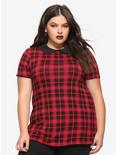 Red Plaid Collared Girls T-Shirt Plus Size, PLAID - RED, hi-res