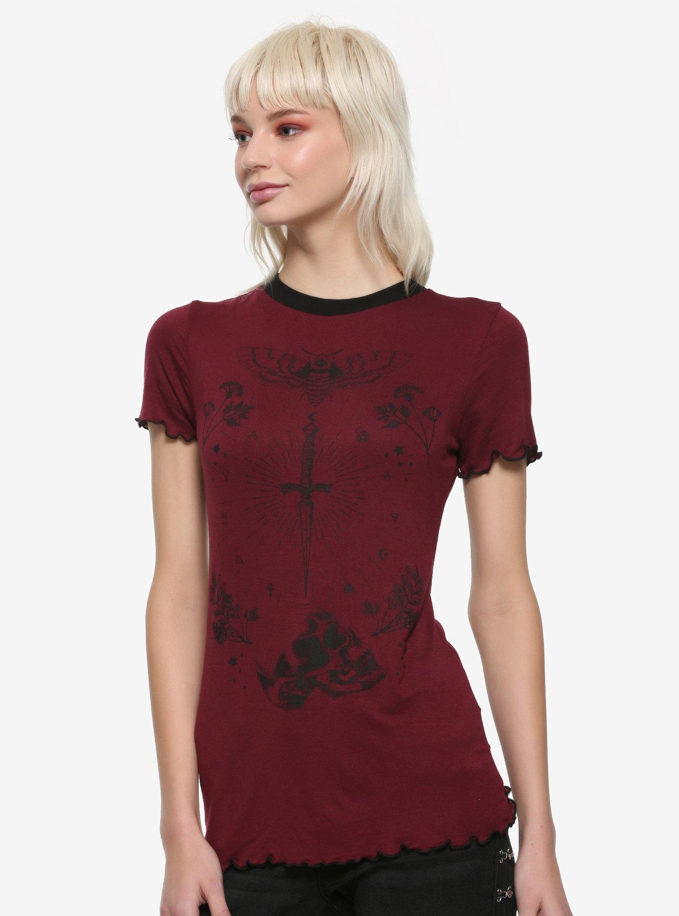 Moth & Dagger Burgundy Lettuce Hem Girls T-Shirt, BURGUNDY, hi-res