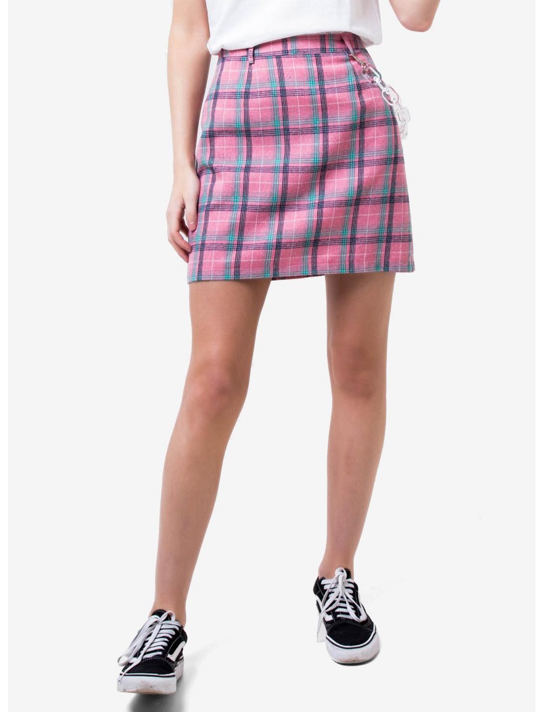 Daisy Street Tartan Plaid Skirt With Detachable Chain, PLAID - PINK, hi-res
