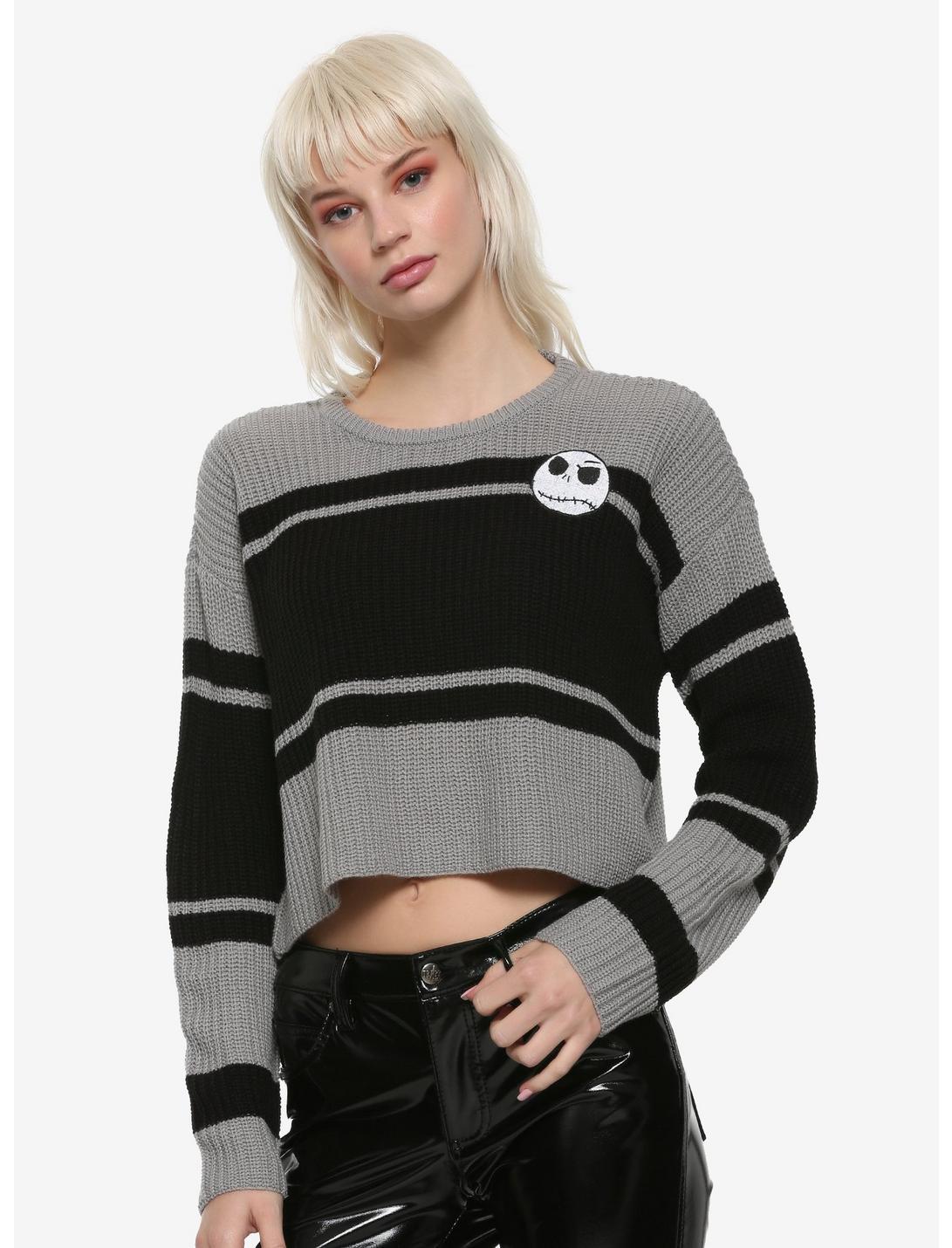 The Nightmare Before Christmas Jack Stripe Girls Crop Sweater, BLACK, hi-res