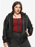 Black Hooded Fur Lined Girls Jacket Plus Size, BLACK, hi-res
