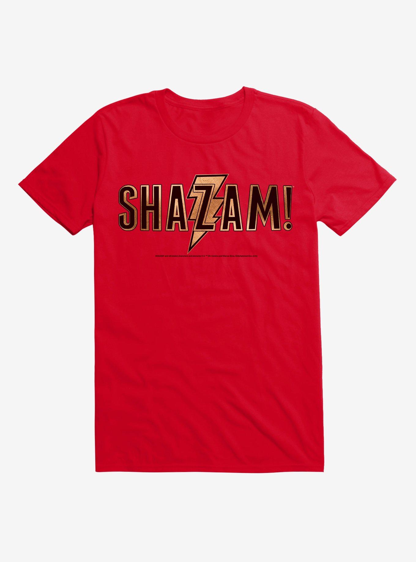 DC Comics Shazam! Gold Name Logo T-Shirt, RED, hi-res