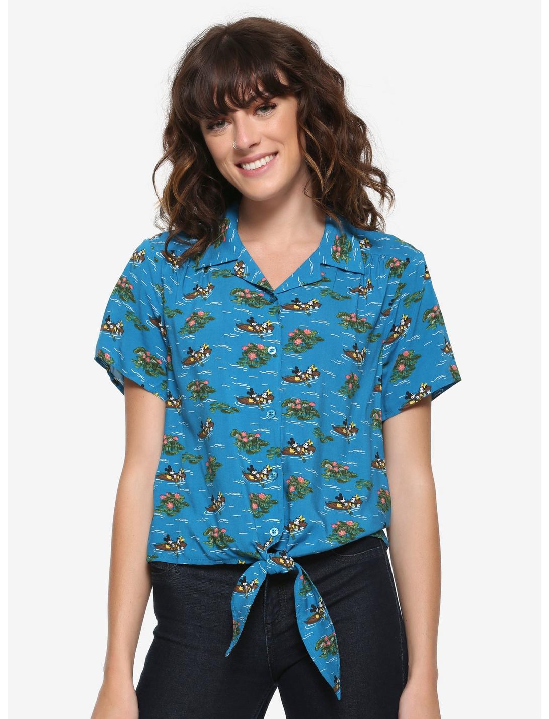 Disney Mickey & Minnie Rowboat Women's Tie-Front Woven Top - BoxLunch Exclusive, BLUE, hi-res