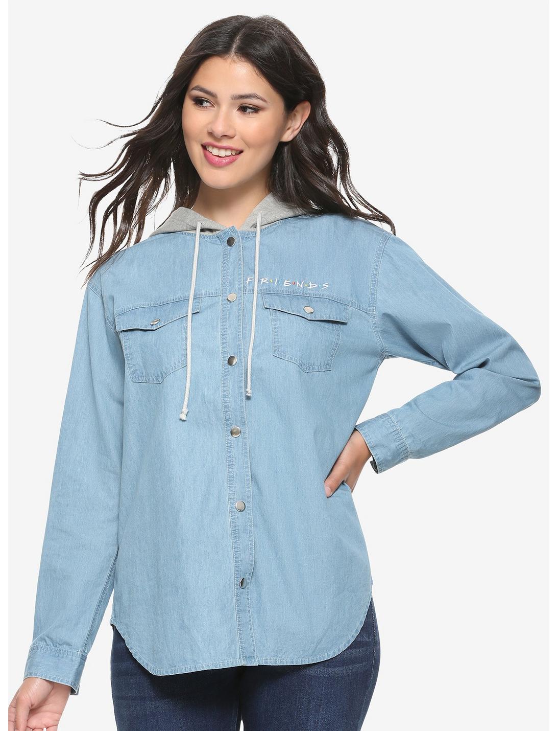 Friends Chambray Women's Hooded Woven Button-Up - BoxLunch Exclusive, BLUE, hi-res