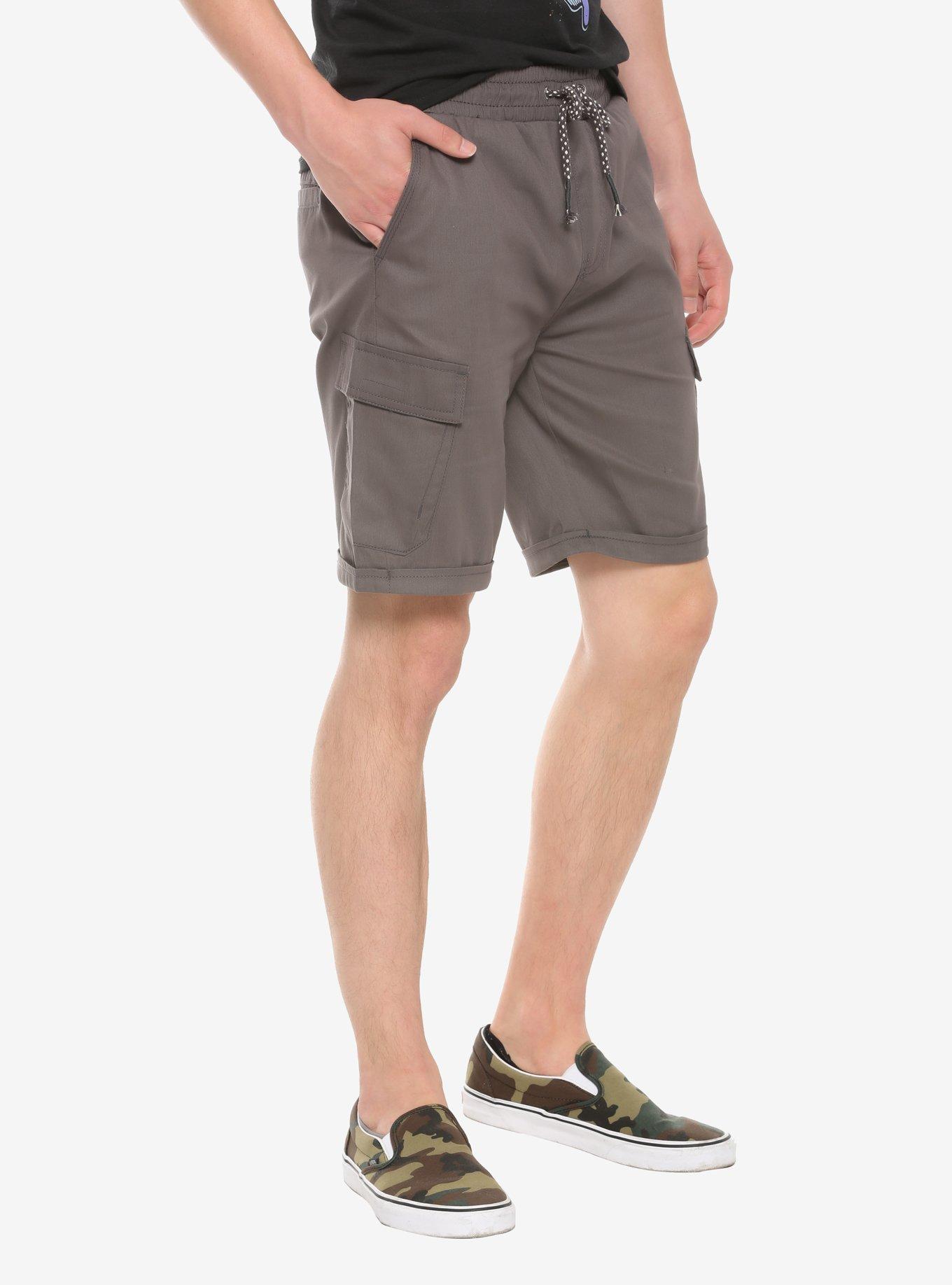 Grey Drawstring Cargo Shorts, DARK GREY, hi-res