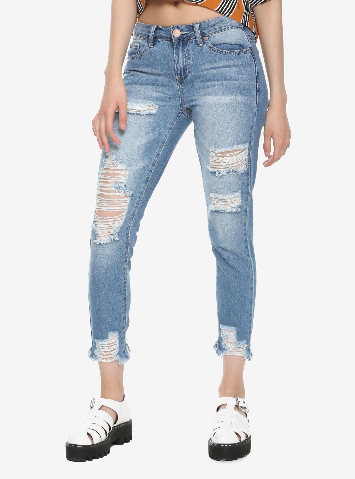 Dream Fit Mid-Rise Shredded Raw Hem Ankle Jeans, INDIGO, hi-res