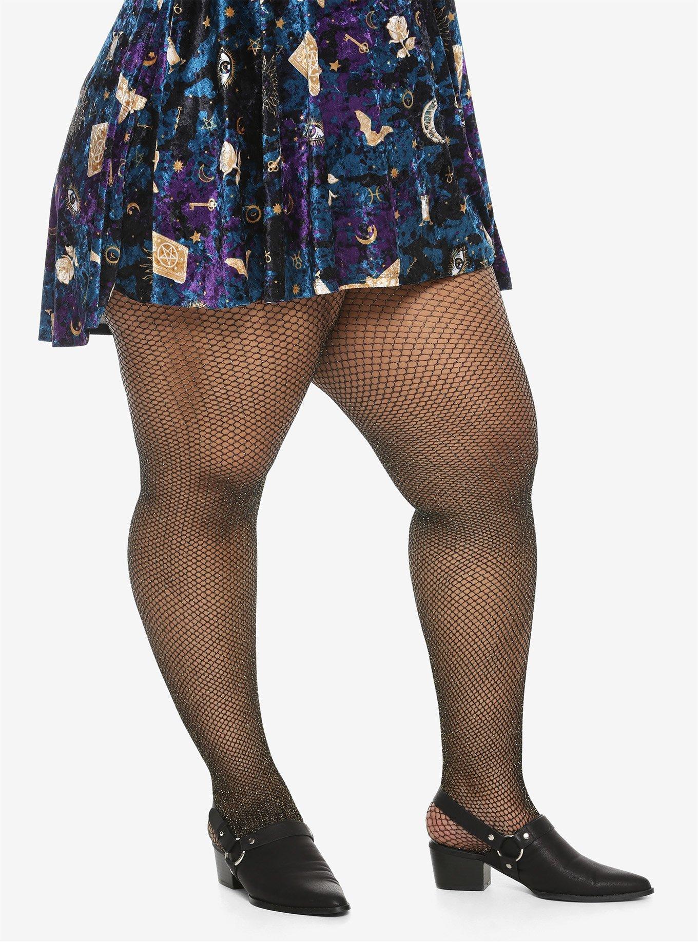 Gold Glitter Fishnet Tights Plus Size, BLACK, hi-res