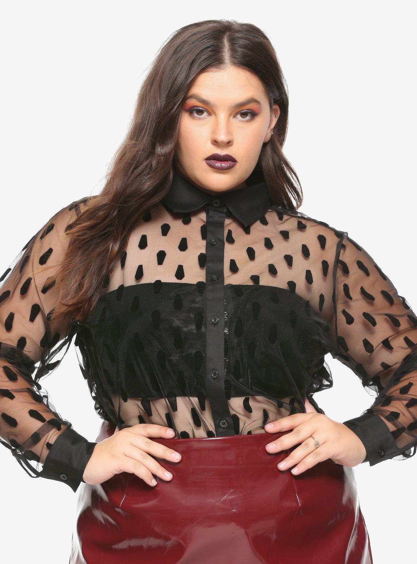 Black Flocked Coffin Sheer Long-Sleeve Button-Up Plus Size, BLACK, hi-res