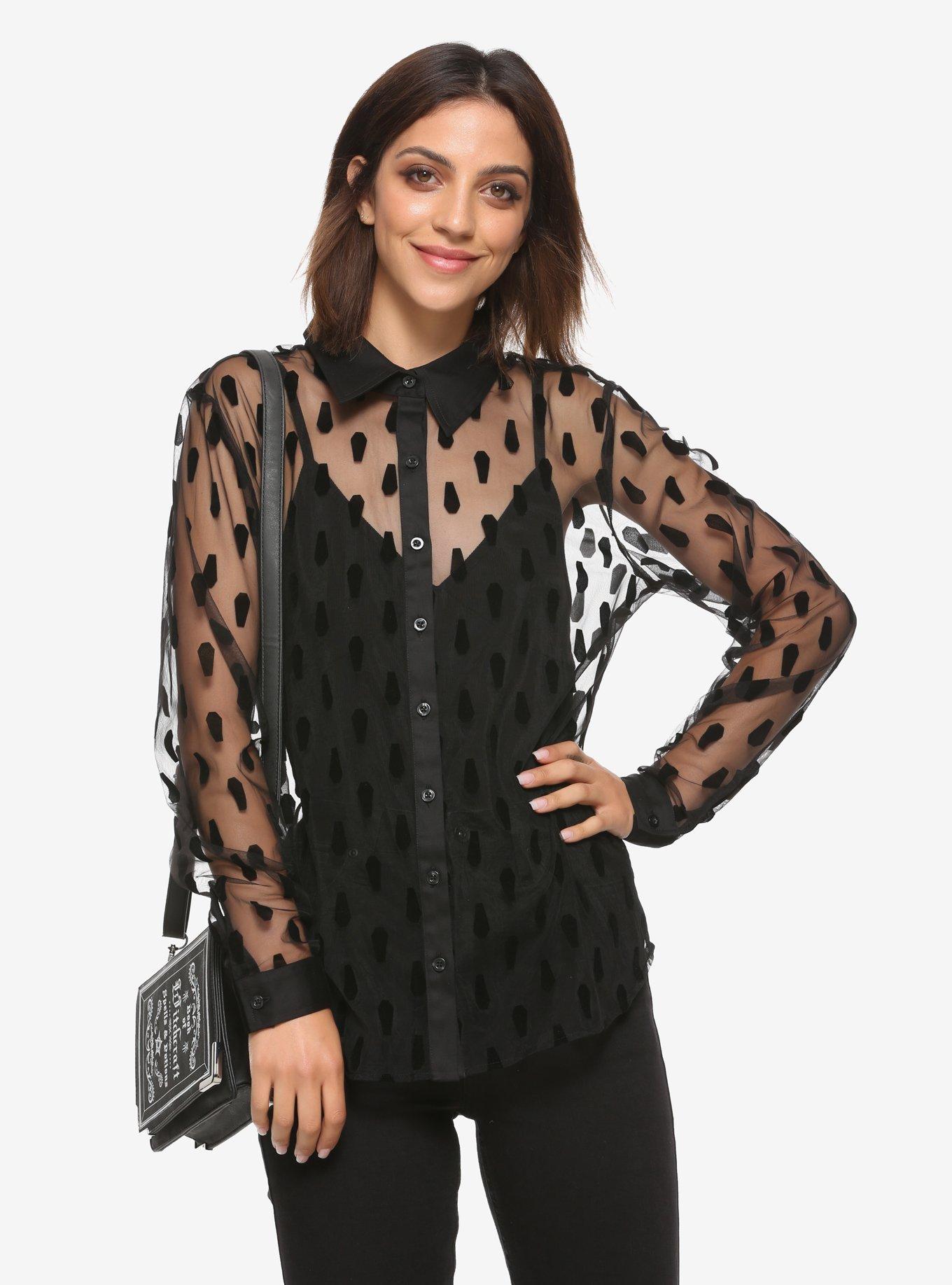 Black Flocked Coffin Sheer Long-Sleeve Button-Up, BLACK, hi-res