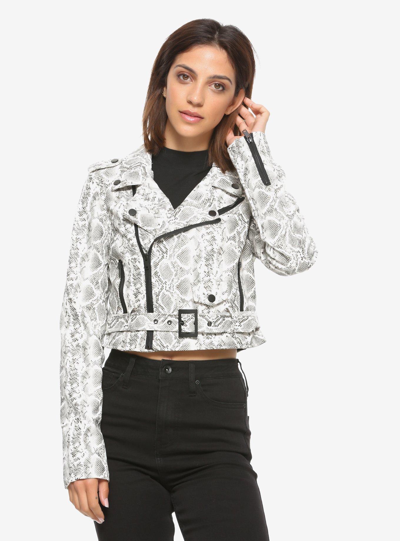 Black & White Snake Girls Crop Moto Jacket, SNAKESKIN-BLACK, hi-res