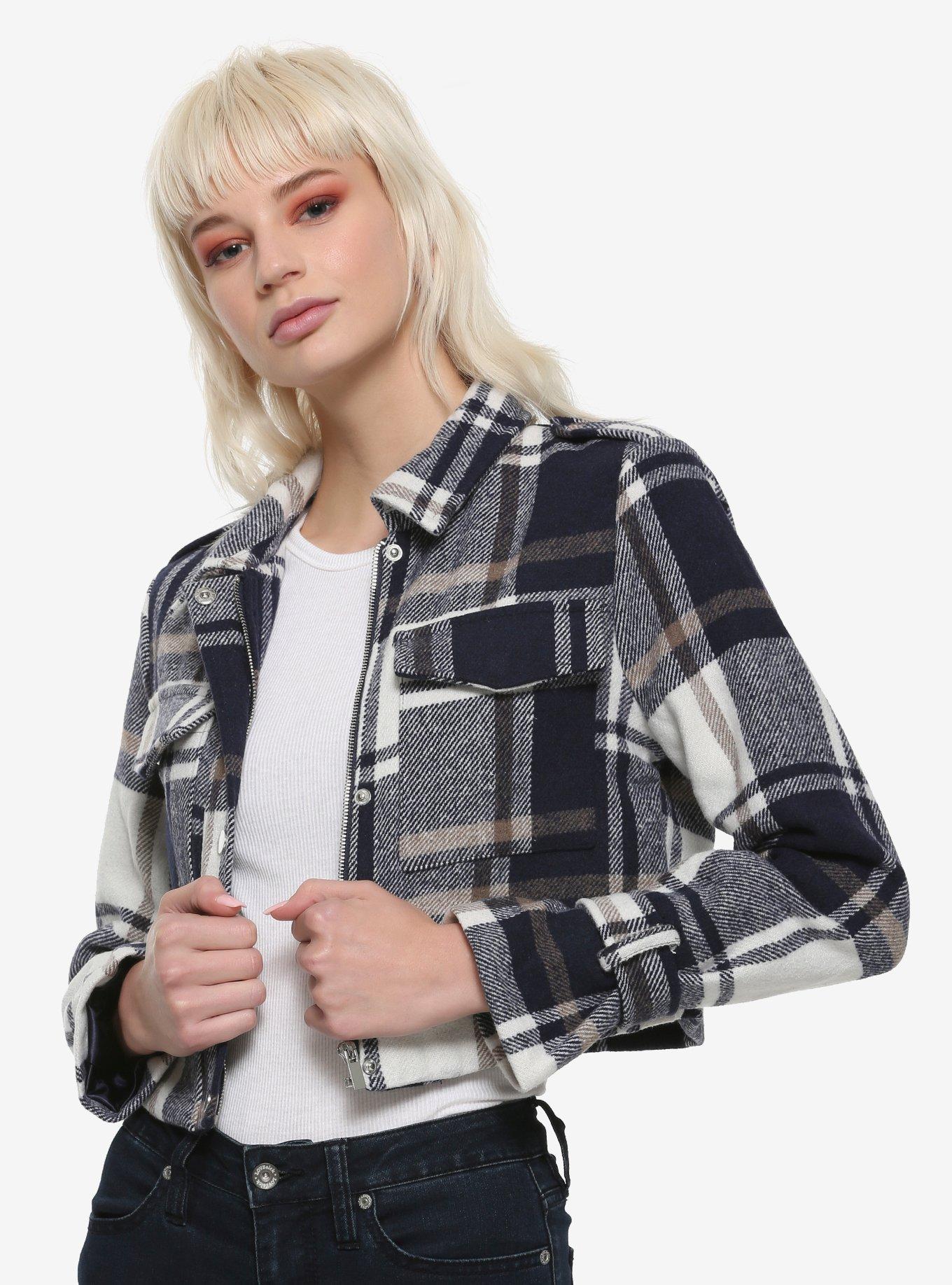 Navy Cream & Tan Plaid Girls Crop Jacket, PLAID, hi-res