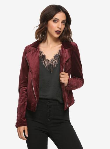 Burgundy Velvet Girls Moto Jacket