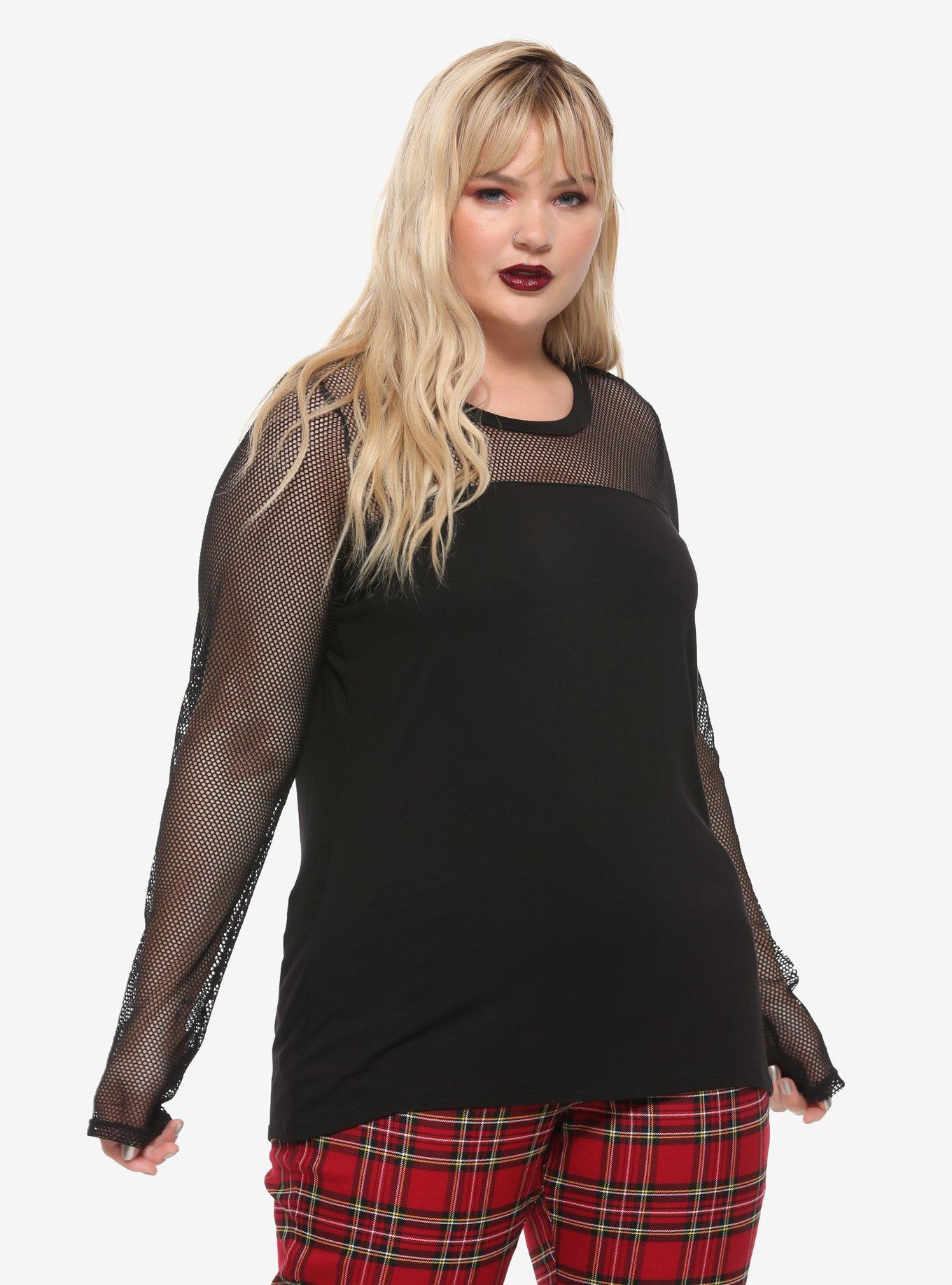 Black Mesh & Panels Long-Sleeve T-Shirt Plus Size, BLACK, hi-res