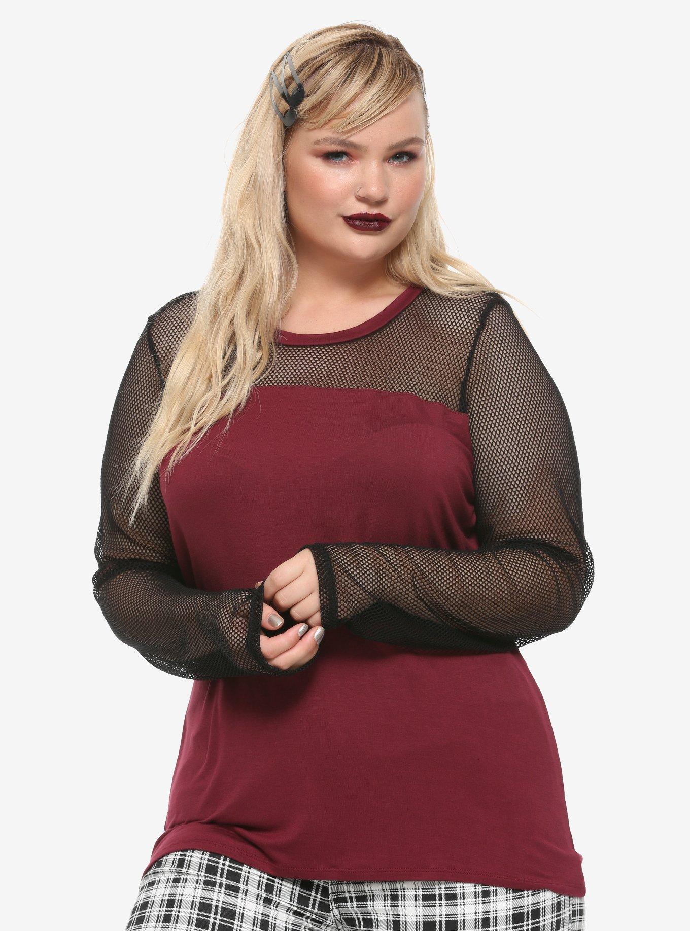 Burgundy Mesh Long-Sleeve T-Shirt Plus Size, BURGUNDY, hi-res