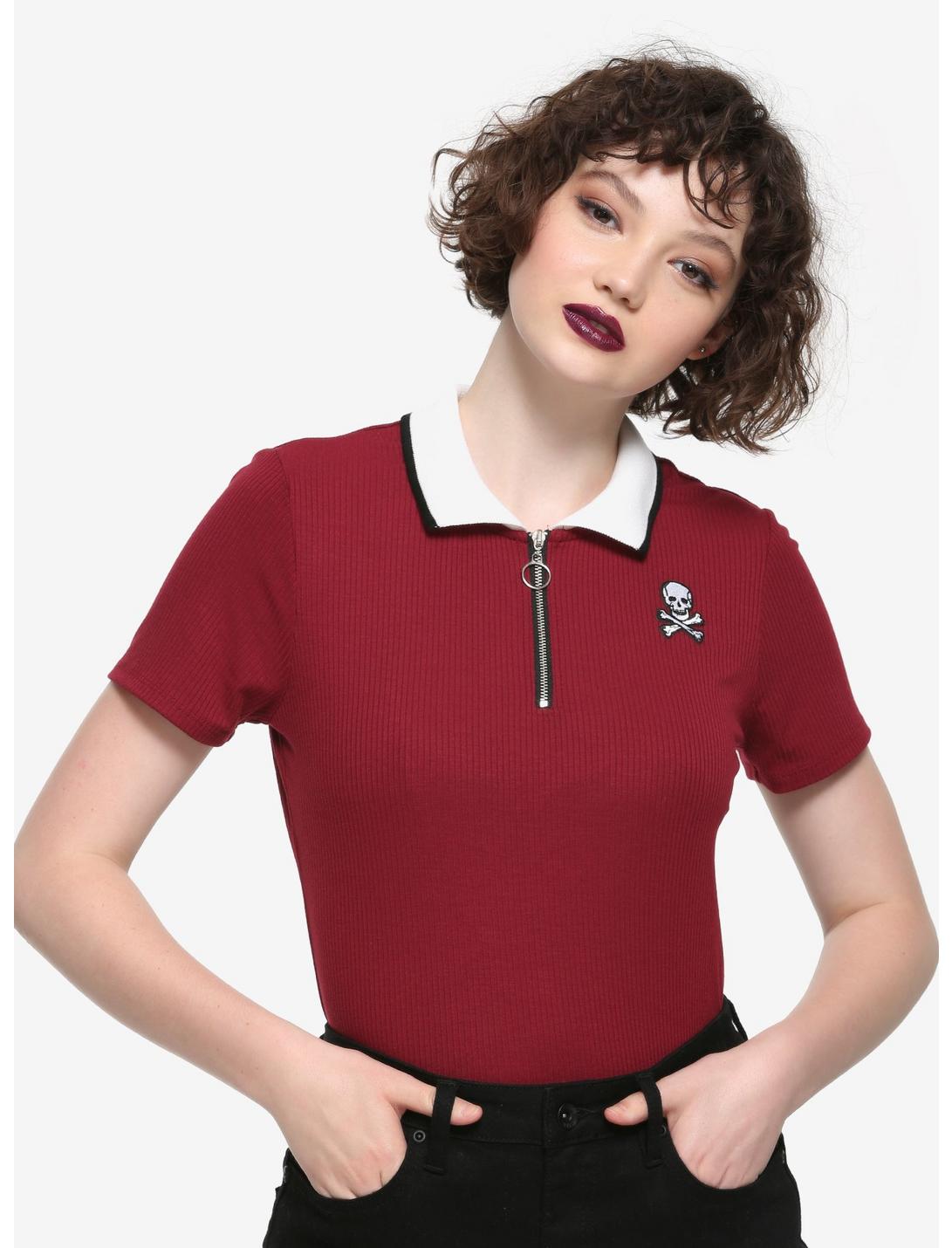 Burgundy Skull Girls Zip-Up Polo Shirt, RED, hi-res