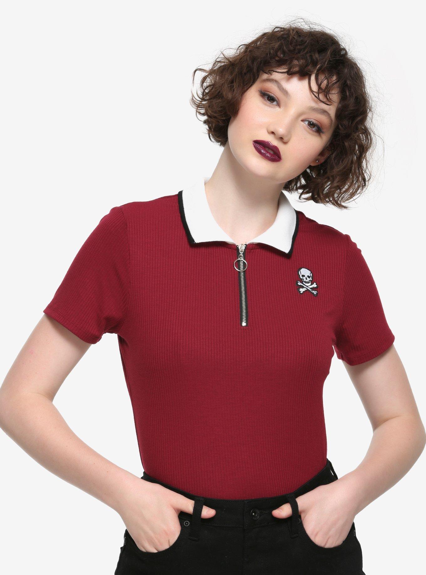 Burgundy Skull Girls Zip-Up Polo Shirt, RED, hi-res