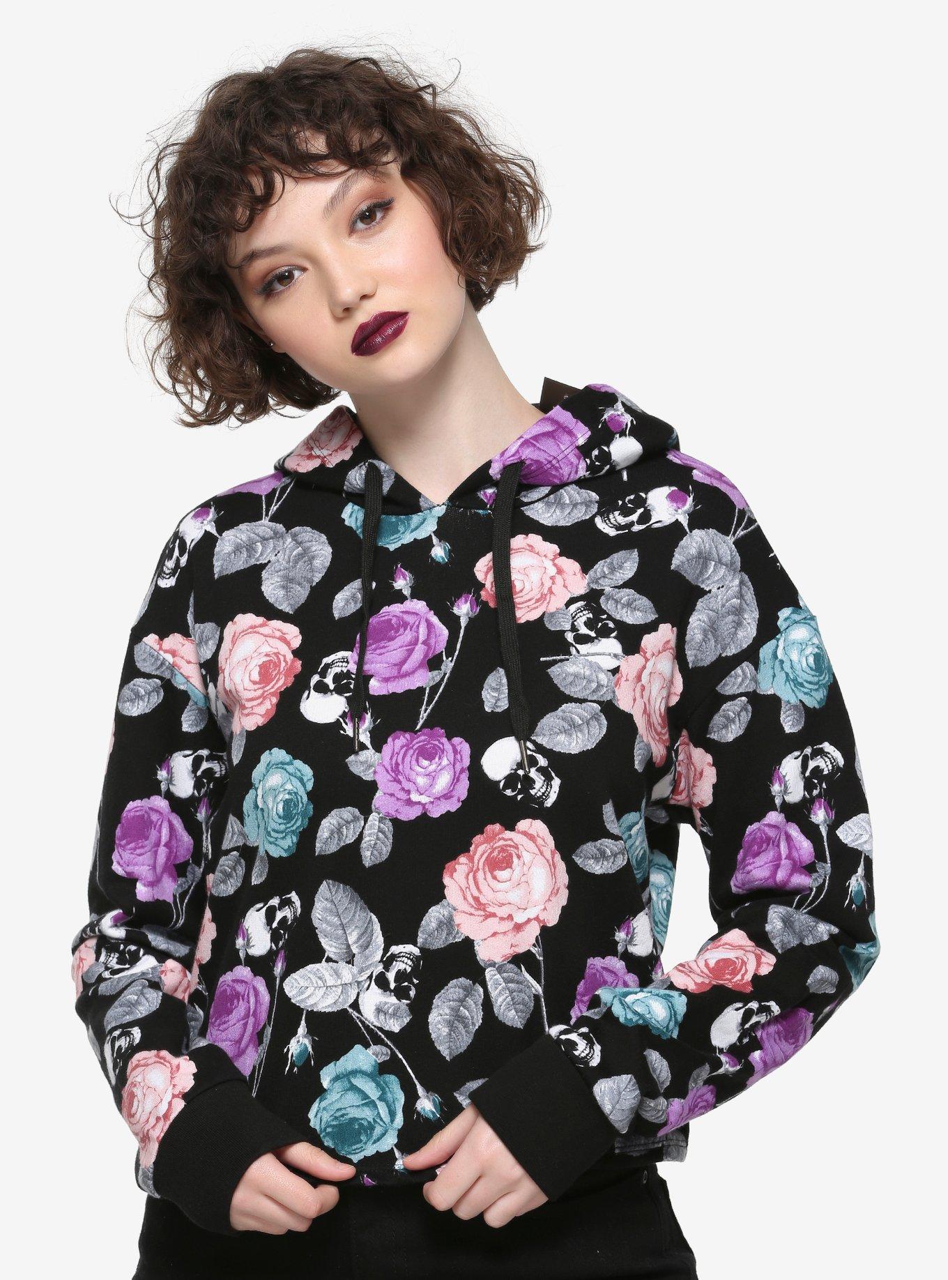 Pastel Roses & Skulls Girls Crop Hoodie, MULTI, hi-res