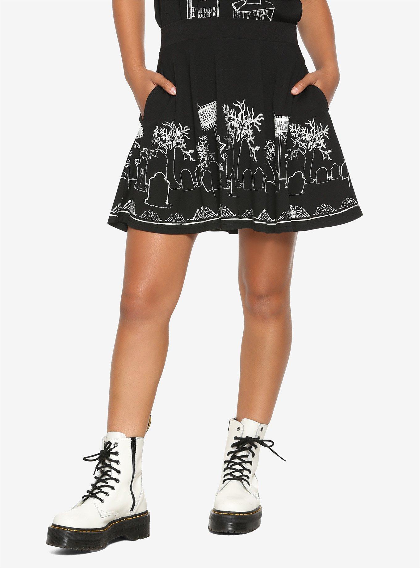 Beetlejuice Glow-In-The-Dark Graveyard Skater Skirt, BLACK, hi-res