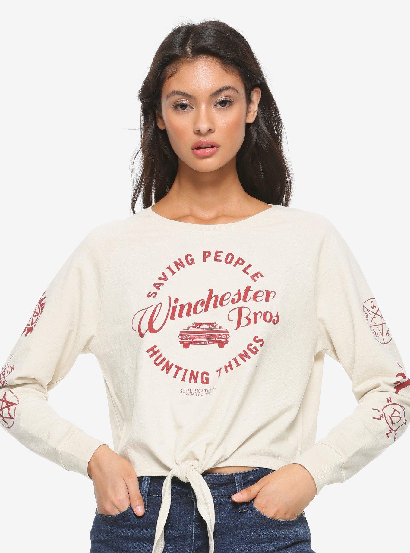 Supernatural Winchester Bros. Tie-Front Girls Long-Sleeve T-Shirt, RED, hi-res