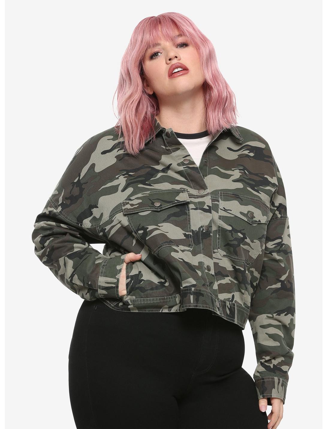 Camo Snap-Button Girls Jacket Plus Size, CAMO, hi-res